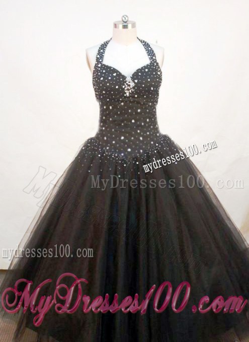 Exquisite Halter Sweetheart Beaded Bodice Black Quinceanera Dress